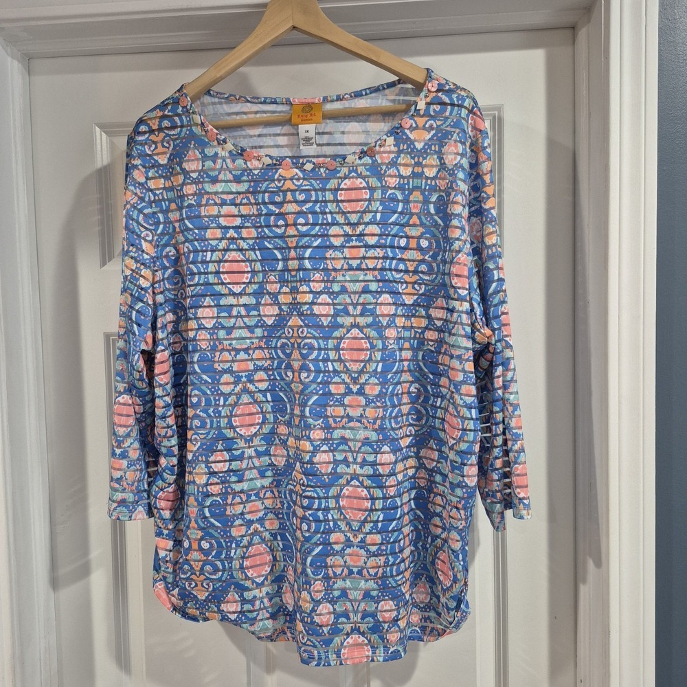 Ruby Rd. Top Womens 3X Blue Coral Sheer Beaded Neckline Nautical Resort Beachy